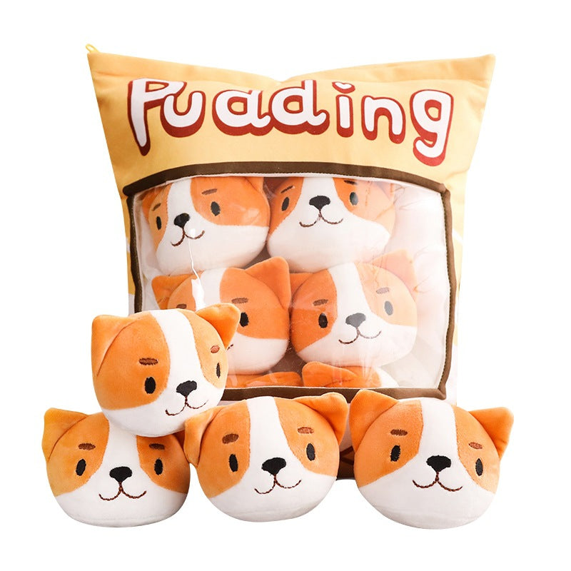 PERA FASHION Plush pillow toy featuring cute dog-shaped plushies in a colorful bag.